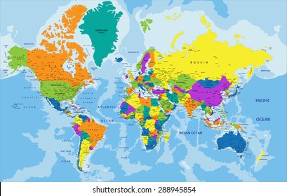 Colorful World political map with clearly labeled, separated layers. Vector illustration.