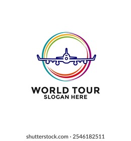 Plantilla de diseño de logotipo de Viaje Mundial Colorido. Vector del diseño del logotipo de la agencia de viajes global, icono del diseño del logotipo del avión