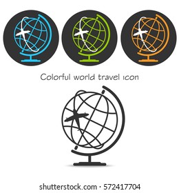Colorful World Travel Symbol Airplane and Globe Icon Design Template Vector Illustration. Logo icon template