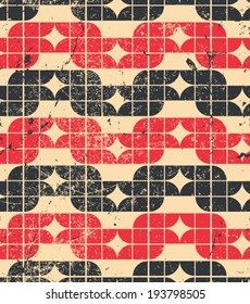 Colorful worn textile geometric seamless pattern, black and red decorative squared abstract retro background.