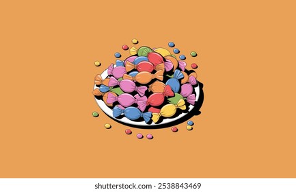 Colorful wrapped candies piled on a plate with scattered pieces