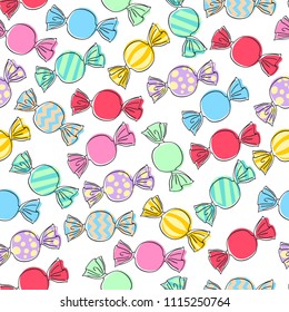 Colorful wrapped candies seamless background vector illustration. Hand drawn doodle sketch.