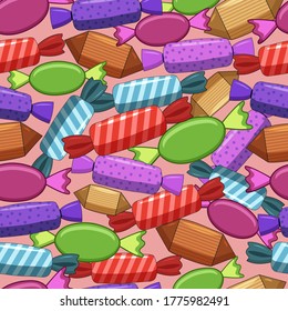 Colorful wrapped candies, seamless pattern background, vector illustration.