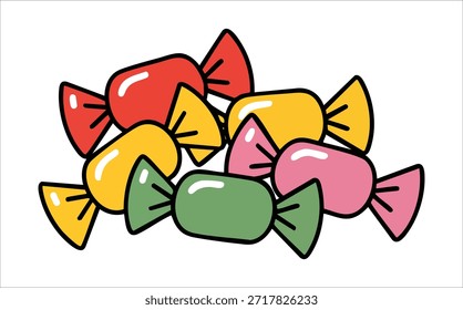 Ilustración vectorial aislada del caramelo envuelto colorido en el fondo blanco
