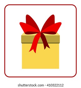 Colorful wrapped gift box icon. Presents decoration Flat design. Christmas surprise with bow isolated on white background. Symbol birthday, anniversary, celebration, happy holiday. Vector illustration