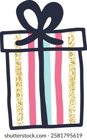 Colorful wrapped gift box with pink and light blue stripes and gold glitter, tied with a dark blue ribbon, isolated on a white background, perfect for celebrations and special occasions