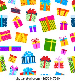 Cajones de regalo envueltos de color para Navidad y vacaciones se presenta con cintas, tormentas y arcos vectoriales sin fisuras aislados en blanco. Muchos regalos y presenta los antecedentes.