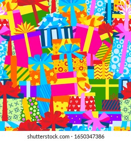 Colorful wrapped gift boxes for christmas and holidays presents with ribbons, ormaments and bows vector seamless pattern. Lots of gifts and presents background.