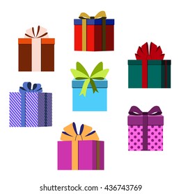 Colorful wrapped gift boxes. Lots of presents Flat style decoration. Christmas surprises, ribbons and bow isolated on white background. Symbol of birthday, anniversary, celebration Vector illustration