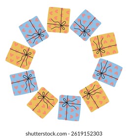 Colorful wrapped gifts arranged in a circular pattern for a festive celebration