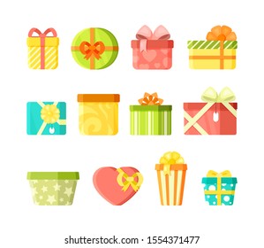 Colorful wrapped present boxes flat vector illustrations set. Birthday gifts stickers. New year, christmas packages with ribbons. Celebration items isolated cliparts color pack on white background