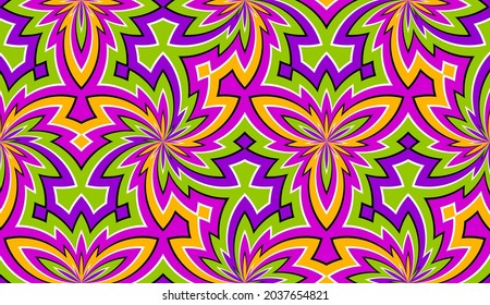 Colorful wrapping papers with asymmetric stars. Optical expansion illusion. Seamless pattern.