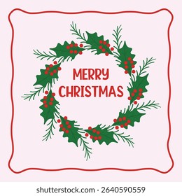 A colorful wreath featuring holly leaves and bright red berries displays the cheerful message Merry Christmas, perfect for holiday decorations and celebrations. Pink background
