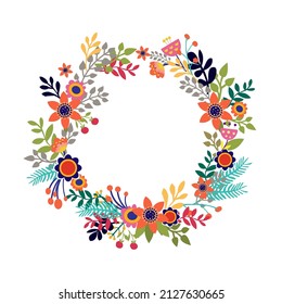Colorful wreath with flowers cut in paper art folk style. Silhouette illustration. Vector drawing. Ornament