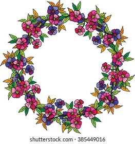 Colorful wreath with leaves and flowers. Vector illustration. Design element for cards, greeting cards, invitations, banners.