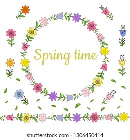 Colorful wreath made from different spring flowers and leaves. Endless horizontal brush. Seamless horizontal border. Vector hand drawing illustration. Beautiful welcoming lettering.