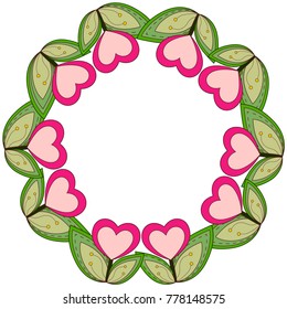Colorful wreath poster with heart plants and leafs. Place for text. Valentine day holiday vector illustration for gift card, flyer, certificate or banner