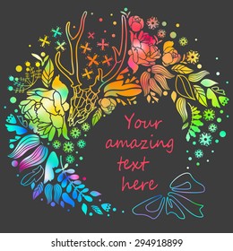 Colorful wreath of rainbow with flowers, leaves and skull.