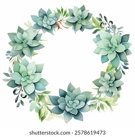 Colorful wreath of succulents, a touch of spring freshness vector design. Delicate watercolor style varying shades of green and blue in an inviting circular composition. For spring-themed projects