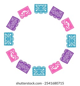 Farbenfroher Kranz mit traditionellem mexikanischen Papel-Picado in Rosa, Blau und Lila mit Skulls, Blumen und Schmetterlingen, die die festliche mexikanische Kultur symbolisieren. Handgezeichnete Vektorgrafik