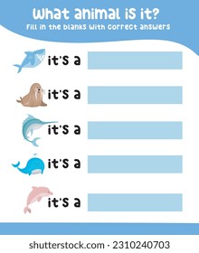 Colorful writing practice with sea animals. Fill in the blanks with correct answers. Kids educational game. Printable worksheet for preschool. Writing practice for children. Vector file.