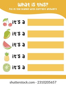 Colorful writing practice with the tropical fruits. Fill in the blanks with correct answers. Kids educational game. Printable worksheet for preschool. Writing practice for children. Vector file.