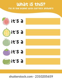 Colorful writing practice with the tropical fruits. Fill in the blanks with correct answers. Kids educational game. Printable worksheet for preschool. Writing practice for children. Vector file.