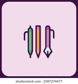 Colorful Writing Utensil Icons: Pen, Pencil, and Dip Pen