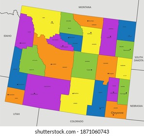 Colorful Wyoming political map with clearly labeled, separated layers. Vector illustration.