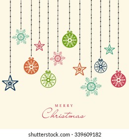 Colorful Xmas Balls, star and snowflakes decorated greeting card design for Merry Christmas celebration.