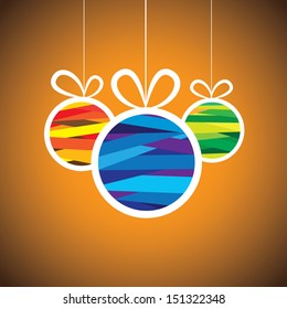 Colorful xmas bauble balls on orange background- vector graphic. This illustration shows three hanging balls decorated on christmas ( feliz navidad ) eve on orange background 