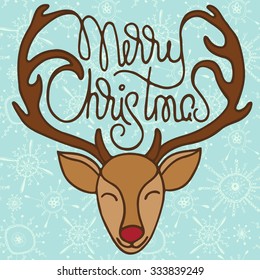 Colorful xmas greeting card with hand drawn head of cute cartoon reindeer and handwritten lettering. Bright illustration with text Merry Christmas on a green ornate background with snowflakes.