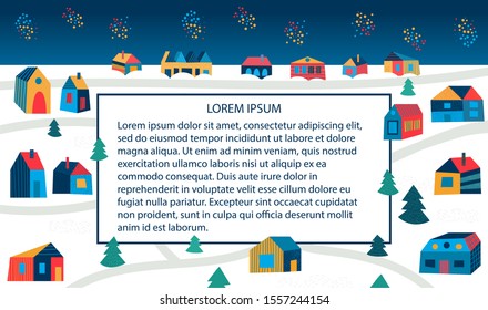 Colorful xmas illustration. Card with winter village. Snowbound scenery with frame for text. Textured houses, fir-trees, paths. Dark evening sky, salute. Long detailed christmas lovely panorama.