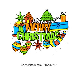 Colorful xmas ornaments on white background for Merry Christmas celebration.
