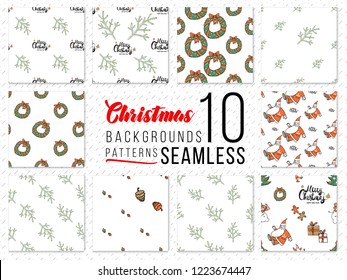 Colorful Xmas! seamless patterns set. Hand draws Christmas symbols. Design kit for decoration xmas cards.
