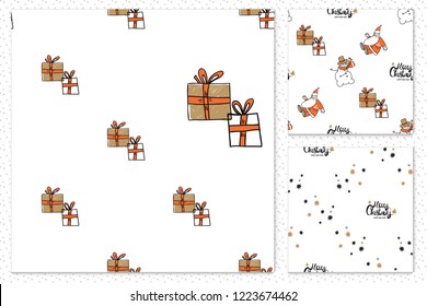 Colorful Xmas! seamless patterns set. Hand draws Christmas symbols. Design kit for decoration xmas cards.
