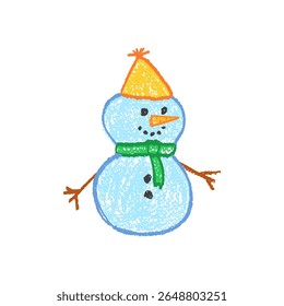 Colorful Xmas snowman with and hat in waxy pastel style. Fun children doodle for New Year, school or kindergarten use, full of squiggles like chalkboard or charcoal blackboard art. Vector