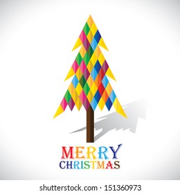 Colorful xmas tree made with origami papers in diamond shape- vector graphic. This illustration shows abstract christmas tree made of paper with colorful text merry christmas