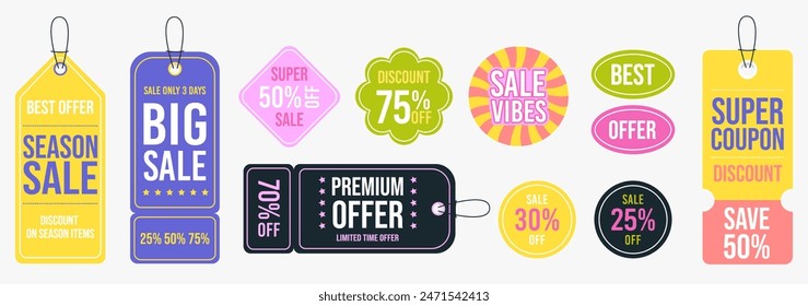 Colorful y2k business sale tag, coupon collection. Trendy bright label for store discount, online promotion or social media post. Vector illustration