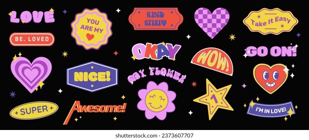 Colorful y2k retro label and sticker set. Collection of trendy cartoon shapes with cheerful phrases and funny comic characters. Modern vector illustration.