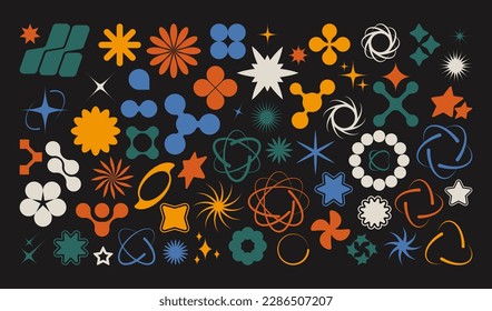 Colorful y2k shapes. Abstract retro futuristic stars and space objects, modern 90s flaship spaceship boomerang circle moon graphic. Vector geometric set. Different bright shapes, starburst