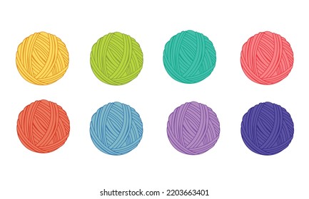 Colorful yarn ball vector icon set. Round skeain of wool, cotton for handmade crochet, sewing hobby. Blue, red, yellow, green clew