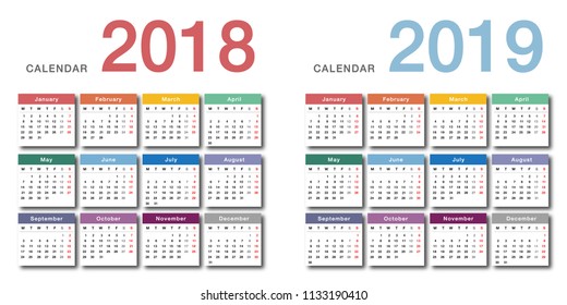 Colorful Year 2018 and Year 2019 calendar horizontal vector design template, simple and clean design. Calendar for 2018 and 2019 on White Background for organization and business. Week Starts Monday.