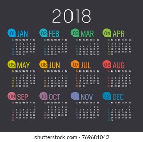 Colorful year 2018 calendar isolated on a black background, starting on Sunday