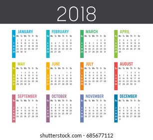 Colorful year 2018 calendar vector template