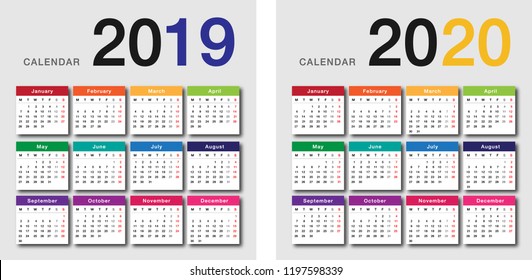 Colorful Year 2019 and Year 2020 calendar horizontal vector design template, simple and clean design. Calendar for 2019 and 2020 on White Background for organization and business. Week Starts Monday.