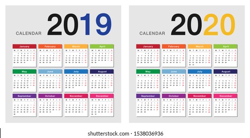 Colorful Year 2019 and Year 2020 calendar horizontal vector design template, simple and clean design. Calendar for 2019 and 2020 on White Background for organization and business. Week Starts Monday.