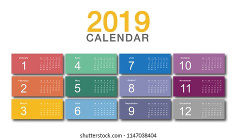 Colorful Year 2019 calendar horizontal vector design template, simple and clean design. Calendar for 2019 on White Background for organization and business. Week Starts Monday.