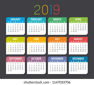 Colorful year 2019 calendar isolated on a dark background