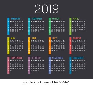 Colorful year 2019 calendar isolated on a black background